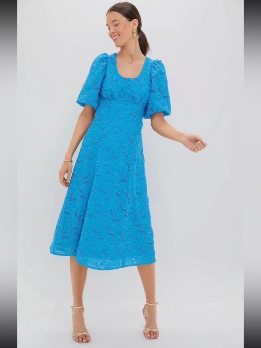 hyacinth house dress Xl Blue Eyelet Lace Embroidered Puff Sleeve Midi Dress Boho